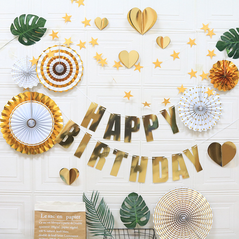 V888-ELOSUNG11215-208643-00 Happy Birthday Party Decoration Set - Fan Decorations, Hearts, Stars & Banner - Image 1