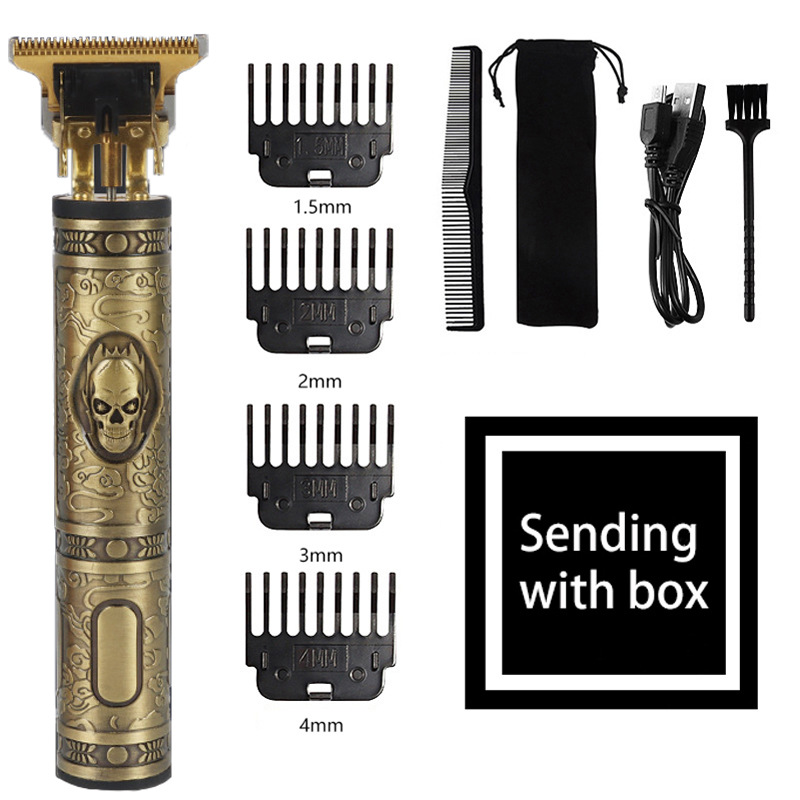 V888-ELOSUNG11350-209312-00 Vintage Skull Design Cordless Hair Trimmer (Gold)- Professional Grooming Kit with Adjustable Guards, USB Charging, and Accessories - Image 1