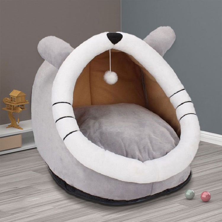 V888-ELOSUNG11804-209929-00 Gray Totoro Half-Enclosed Cat Bed - Soft Short Velvet Fabric with Sponge + PP Cotton Filling, S Size (28x28x30cm) - Image 1