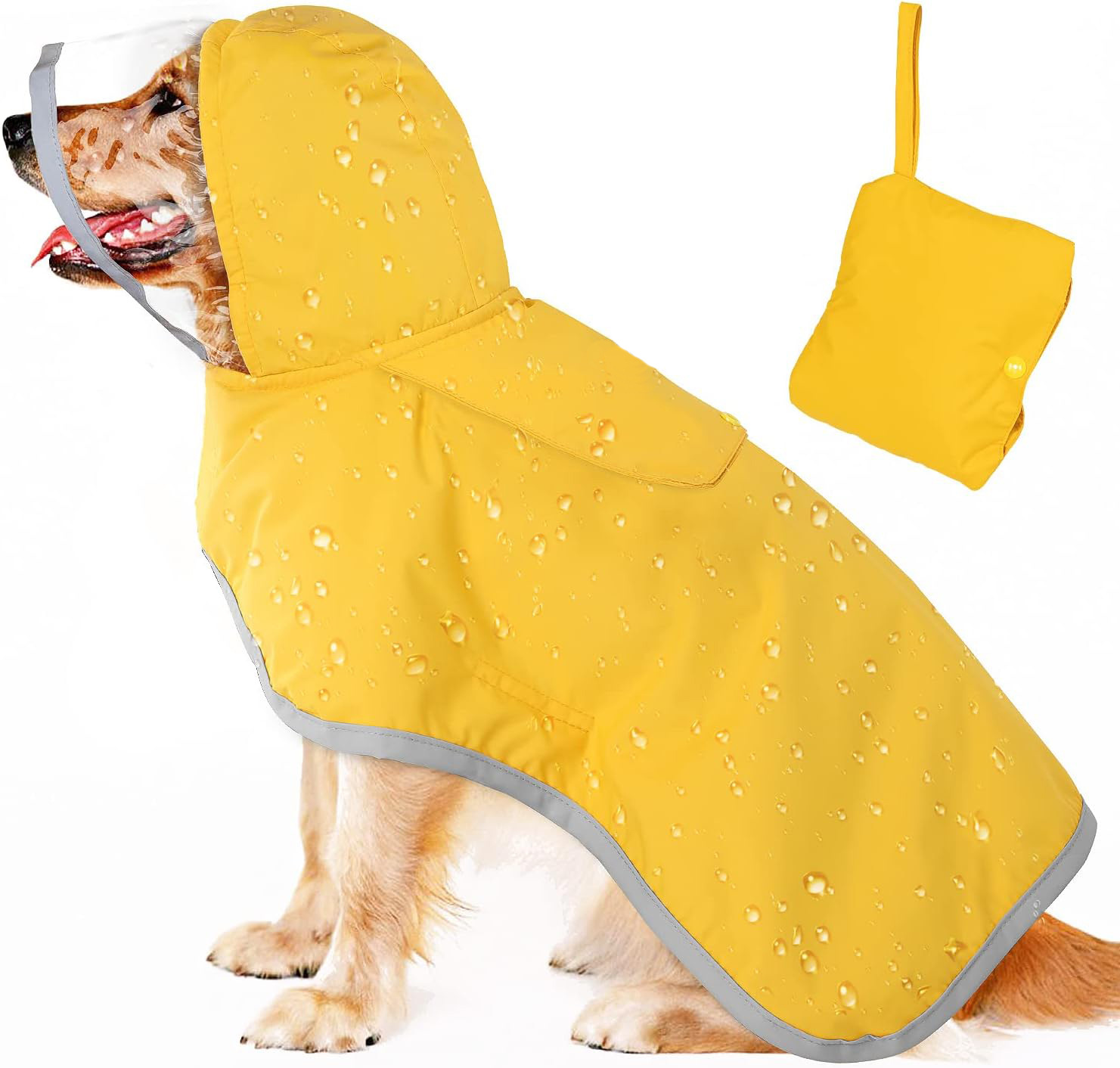 V888-ELOSUNG12113-210357-00 S Yellow Reflective Adjustable Pet Raincoat with Hood - Waterproof Dog Jacket, Adjustable Dog Poncho for Outdoor Protection - Image 1