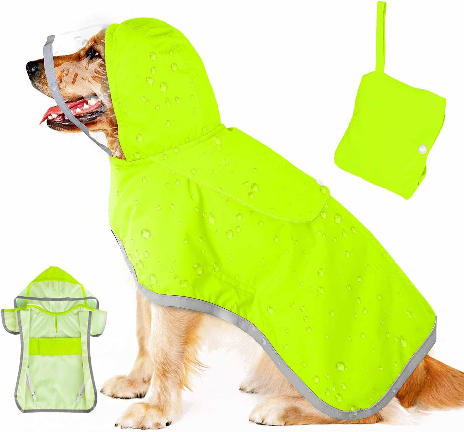 V888-ELOSUNG12123-210417-00 XL Green Reflective Adjustable Pet Raincoat with Hood - Waterproof Dog Jacket, Adjustable Dog Poncho for Outdoor Protection - Image 1