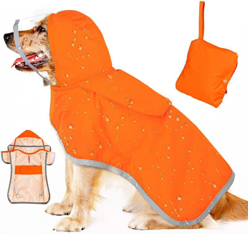 V888-ELOSUNG12126-210356-00 XS Orange Reflective Adjustable Pet Raincoat with Hood - Waterproof Dog Jacket, Adjustable Dog Poncho for Outdoor Protection - Image 1