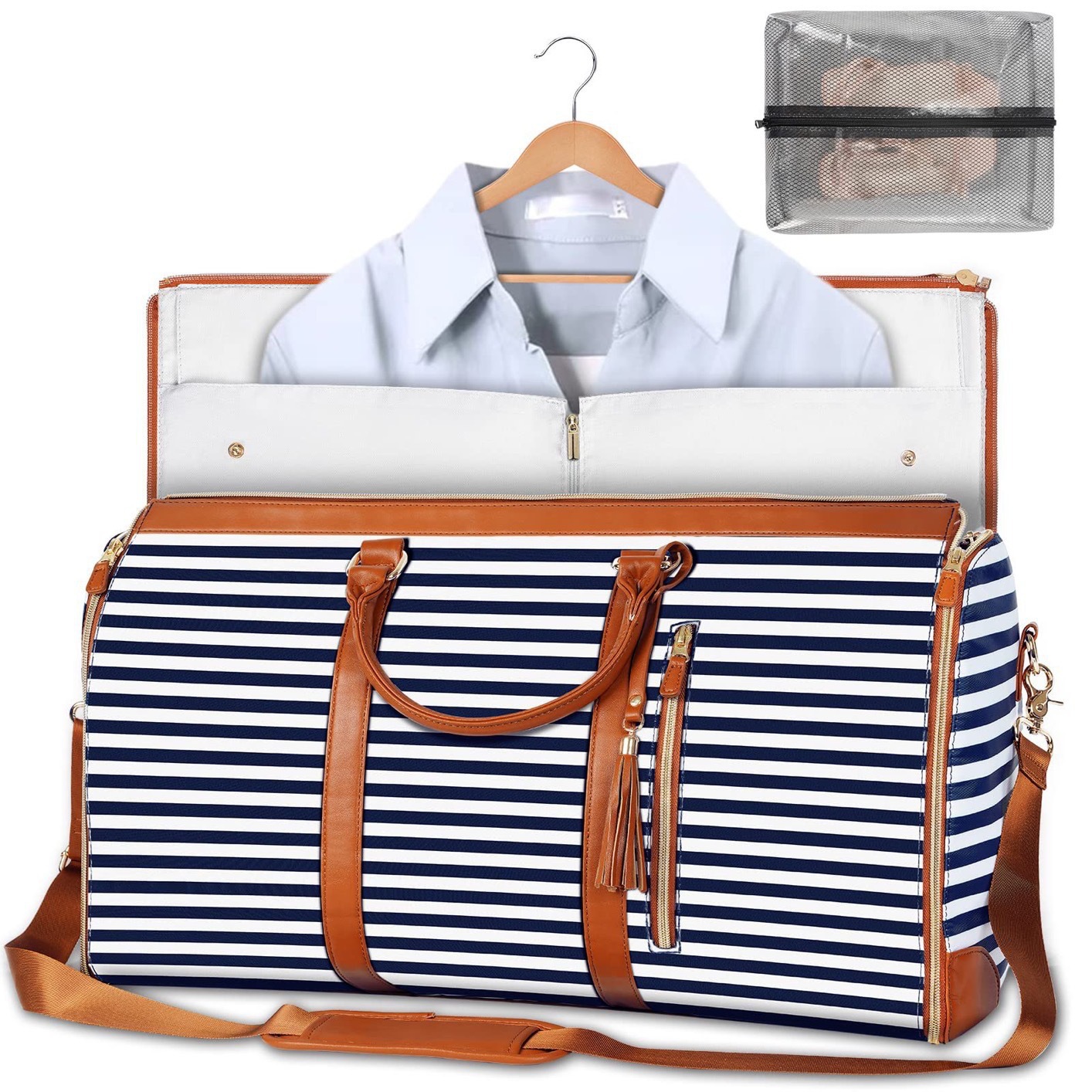 V888-ELOSUNG12952-213884-00 Blue Stripe Convertible Garment Duffel Bag with Leather Accents - Travel Weekender Bag for Suits and Dresses - Image 1