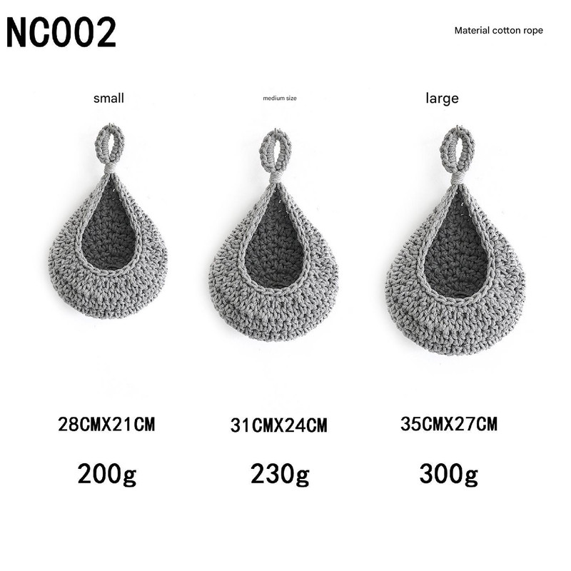 V888-ELOSUNG13636-212352-00 Grey 3-Piece Wall-Mounted Cotton Rope Storage Baskets – Large, Medium, and Small Hand-Woven Fruit/Vegetable/Storage Nets (Large weight 300g, Medium weight 230g, Small weight 200g) - Image 1