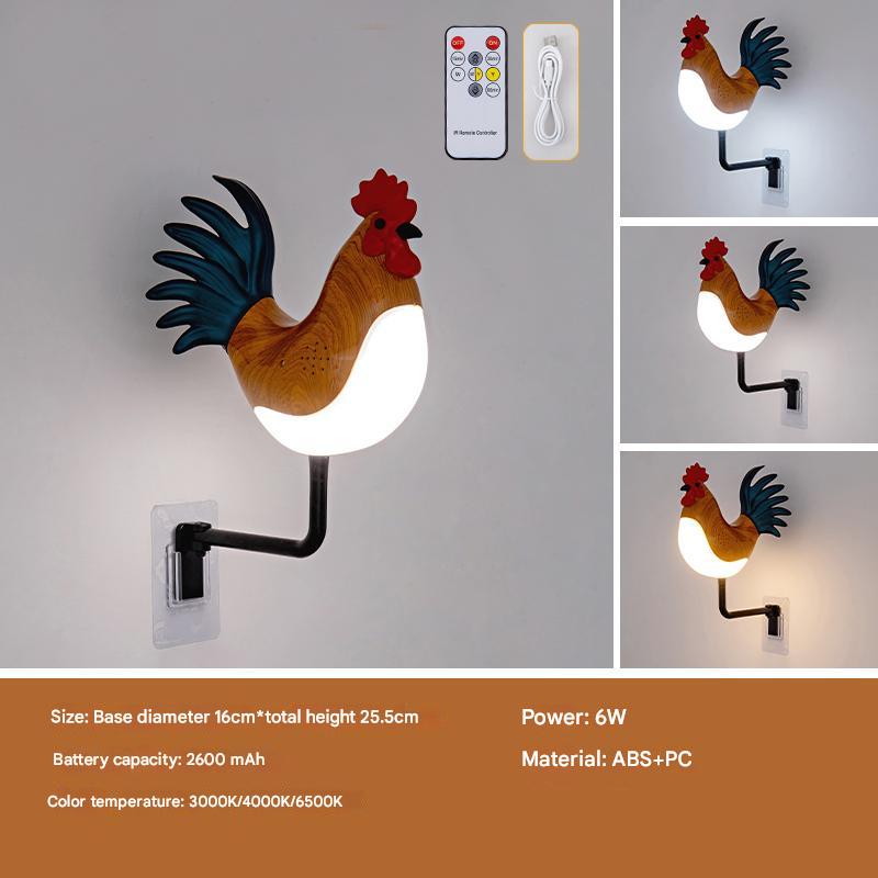 V888-ELOSUNG13787-213419-00 Brown USB Rechargeable Rooster Wall Lamp with Sound, Aromatherapy, and Decorative Design - Creative Nightlight for Bedroom and Corridor - Image 1