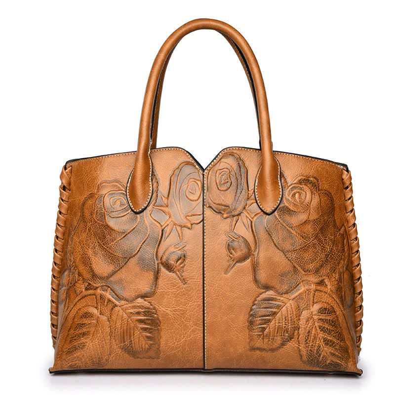 V888-ELOSUNG16077-214366-00 Brown Elegant Embossed Rose Leather Handbag - Vintage Style Tote Bag - Image 1