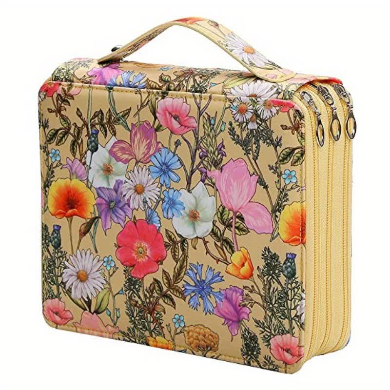 V888-ELOSUNG16289-215559-00 Yellow Floral Design Portable Zippered Pencil Case - 3-Layer Large Capacity Organizer for Stationery & Art Supplies - Image 1