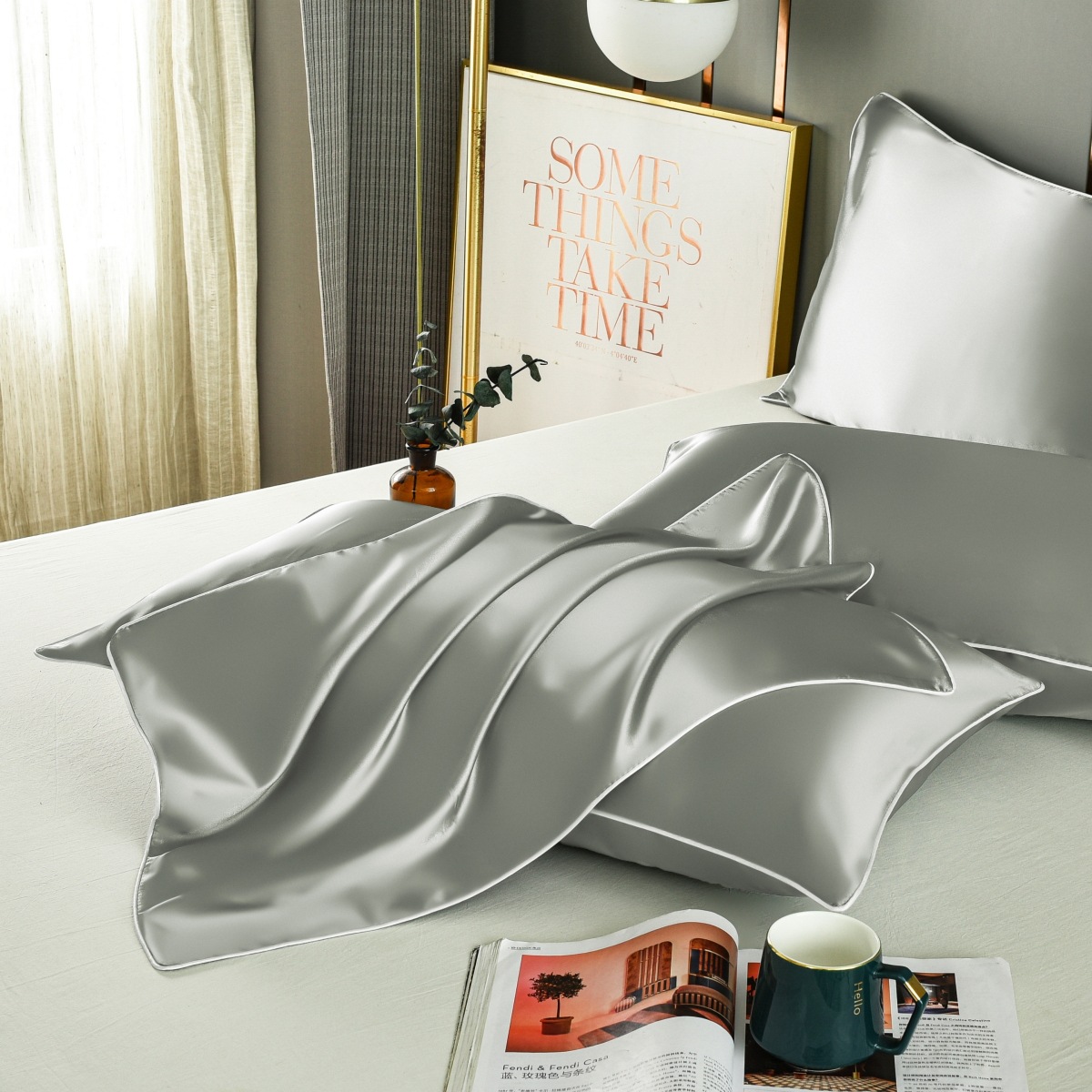 V888-ELOSUNG17013-213994-00 Grey Luxury Double-Sided Satin Silk Pillowcase - Summer Cooling Polyester Pillow Cover Set(Without Pillow Core) - Image 1