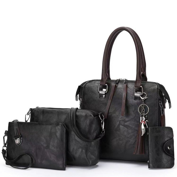 V888-ELOSUNG17355-215773-00 Black 4-Piece Women’s PU Leather Tote Bag Set - Vintage Handbag, Shoulder Bag, Clutch, and Card Holder - Lightweight Design - Image 1