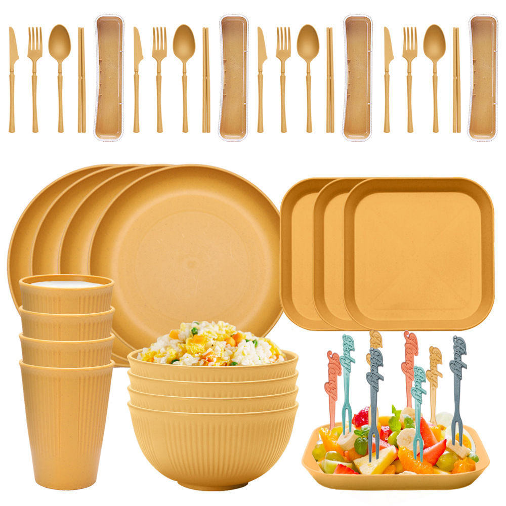 V888-ELOSUNG17615-216654-00 Four-person Set Yellow Eco-Friendly Wheat Straw Dinnerware Set, Plate, Bowl, Cup & Utensil Set - Lightweight, Reusable, and Durable for Home, School, and Travel - Image 1
