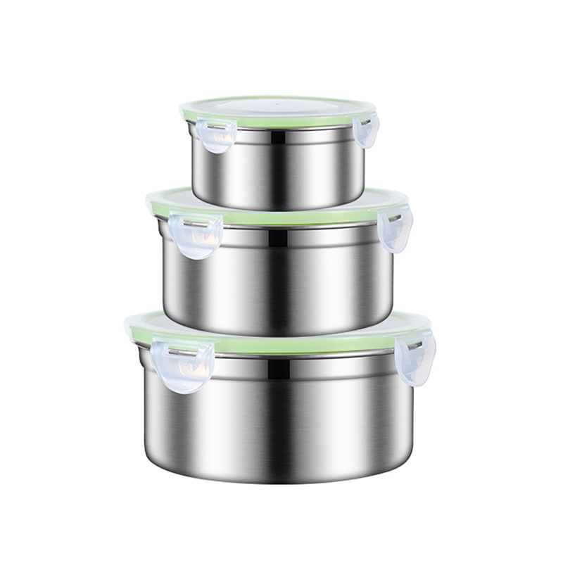 V888-ELOSUNG17702-219290-00 Green 3-Piece 304 Stainless Steel Food Storage Set with Leak-Proof Lids - Round Design for Fridge and Meal Prep - Image 1