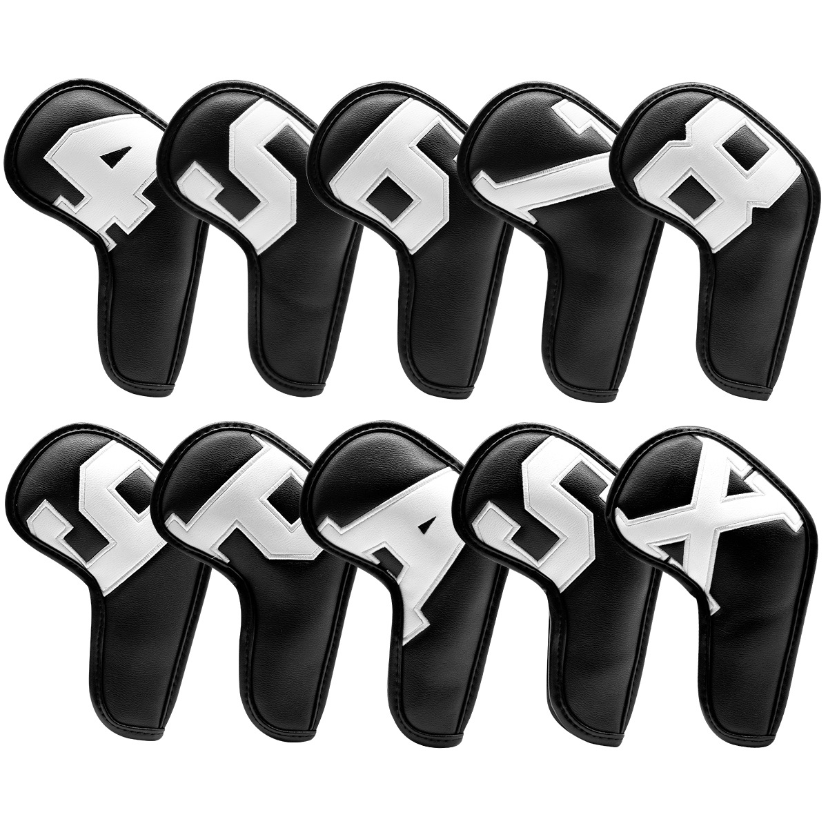 V888-ELOSUNG18162-202504211212-00 Black covers with white numbers, Premium PU Leather Golf Iron Headcover Set (10pcs) | Numbered 4-9, P, S, A, X | Protective Club Covers for Irons - Image 1