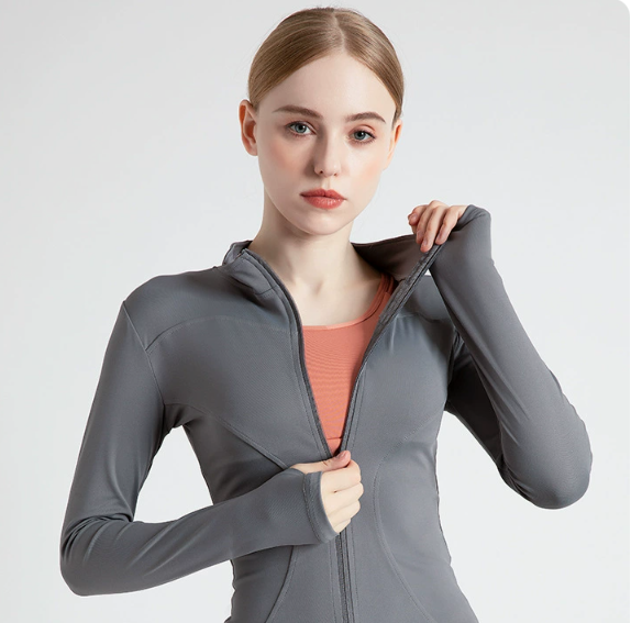 V888-ELOSUNG19018-224653-00 XXL Grey High-Stretch Slim Fit Yoga Jacket - Full Zip Workout Sports Jacket for Women - Image 1