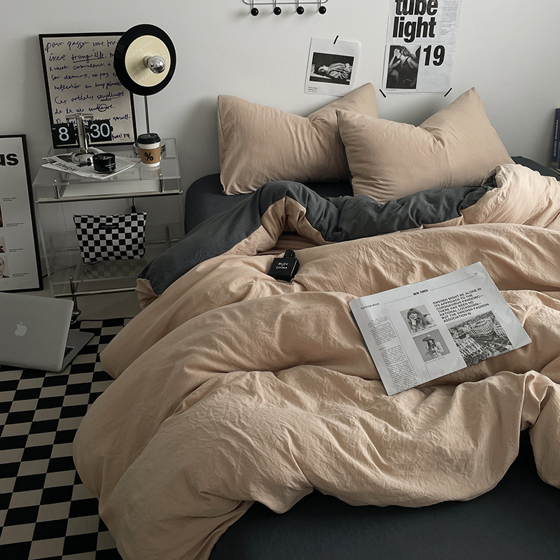 V888-ELOSUNG19093-225852-00 Khaki-darkgrey 1.5m Bed Fitted Sheet Set with 200x230cm Duvet Cover - 4-Piece Bedding Set - Image 1