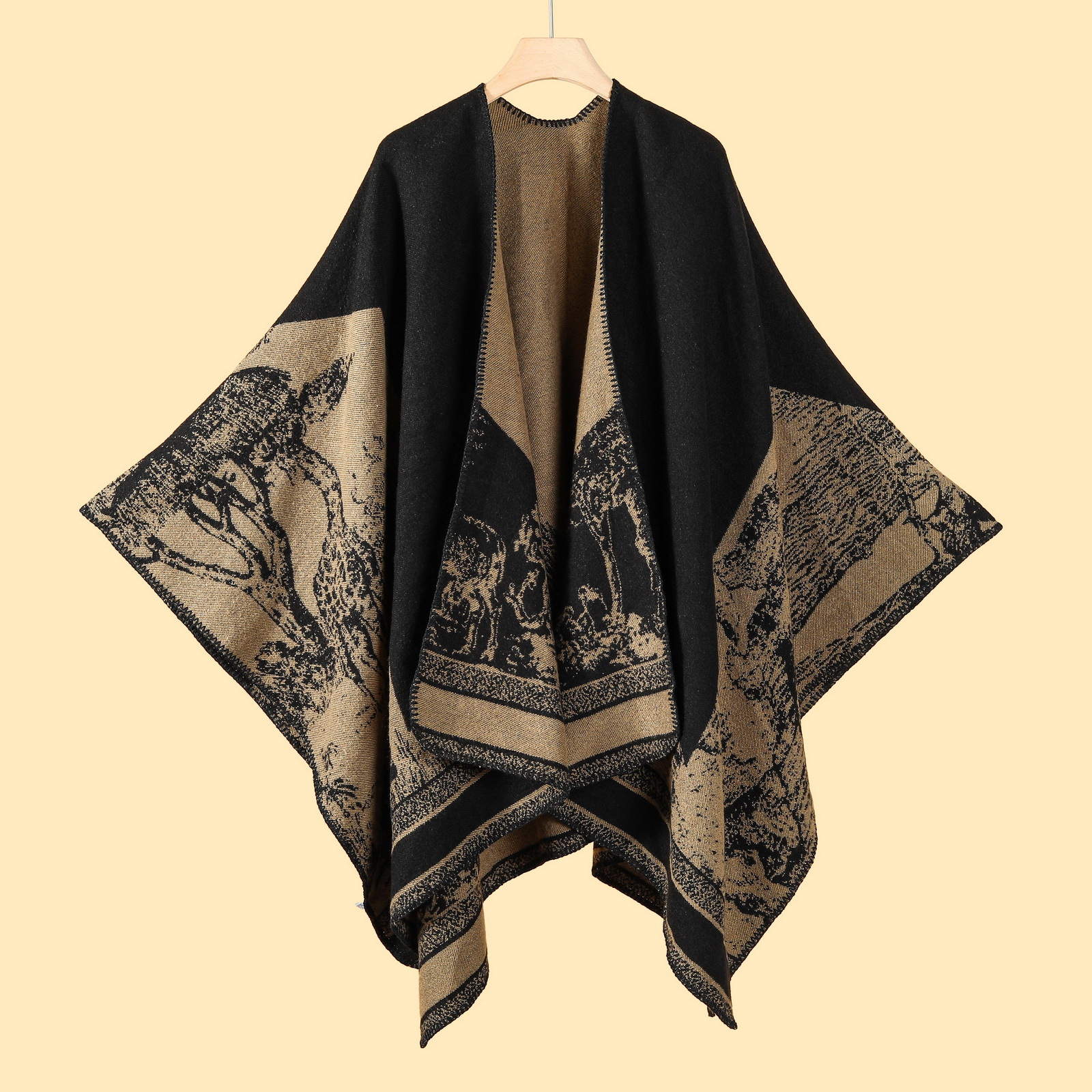 V888-ELOSUNG19657-202503111115-00 Mountain Fawn Black Camel Elegant Autumn Winter Shawl - Artistic Split-Design Knit Cloak with Oil Painting Style - Image 1