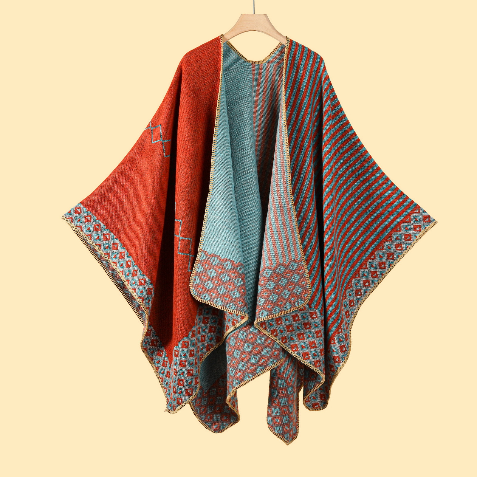 V888-ELOSUNG19660-202503111116-00 New Stripe Fish Scale Orange Elegant Autumn Winter Shawl - Artistic Split-Design Knit Cloak with Oil Painting Style - Image 1