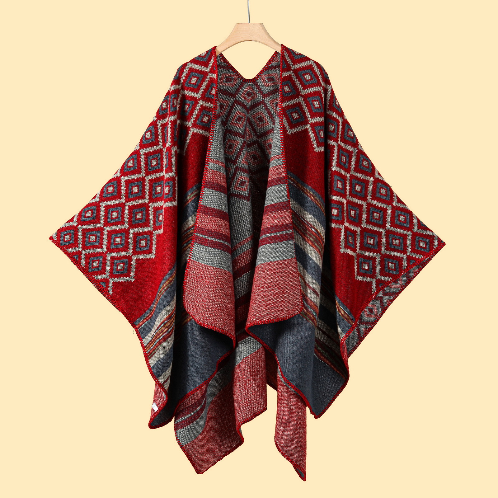 V888-ELOSUNG19661-202503111116-00 Diamond Colour Stripe Rose Elegant Autumn Winter Shawl - Artistic Split-Design Knit Cloak with Oil Painting Style - Image 1