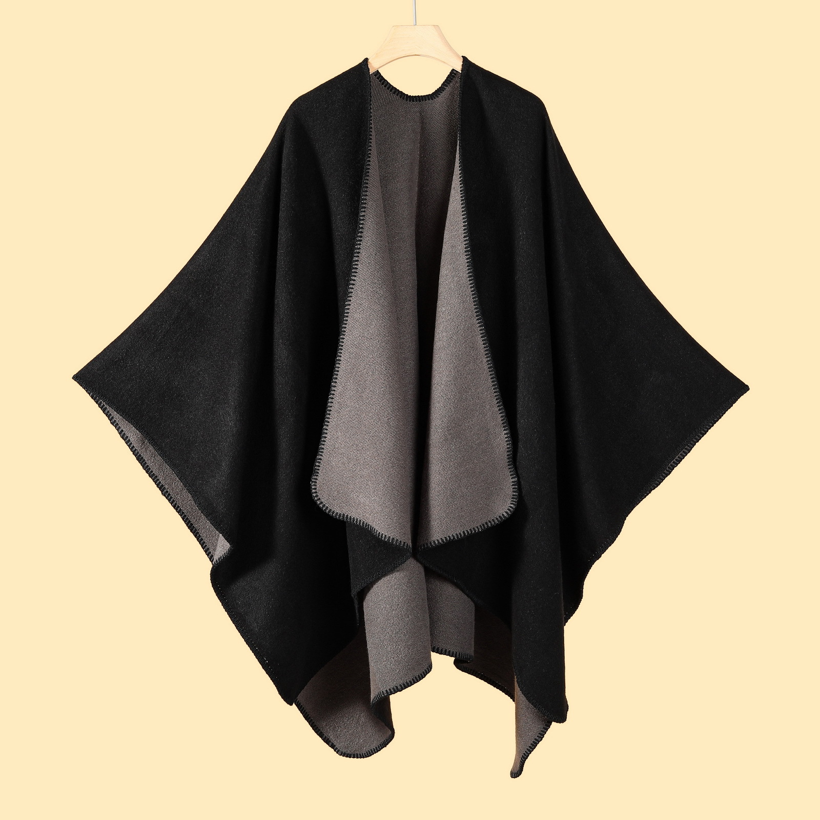 V888-ELOSUNG19663-202503111116-00 Double-sided Black Elegant Autumn Winter Shawl - Artistic Split-Design Knit Cloak with Oil Painting Style - Image 1