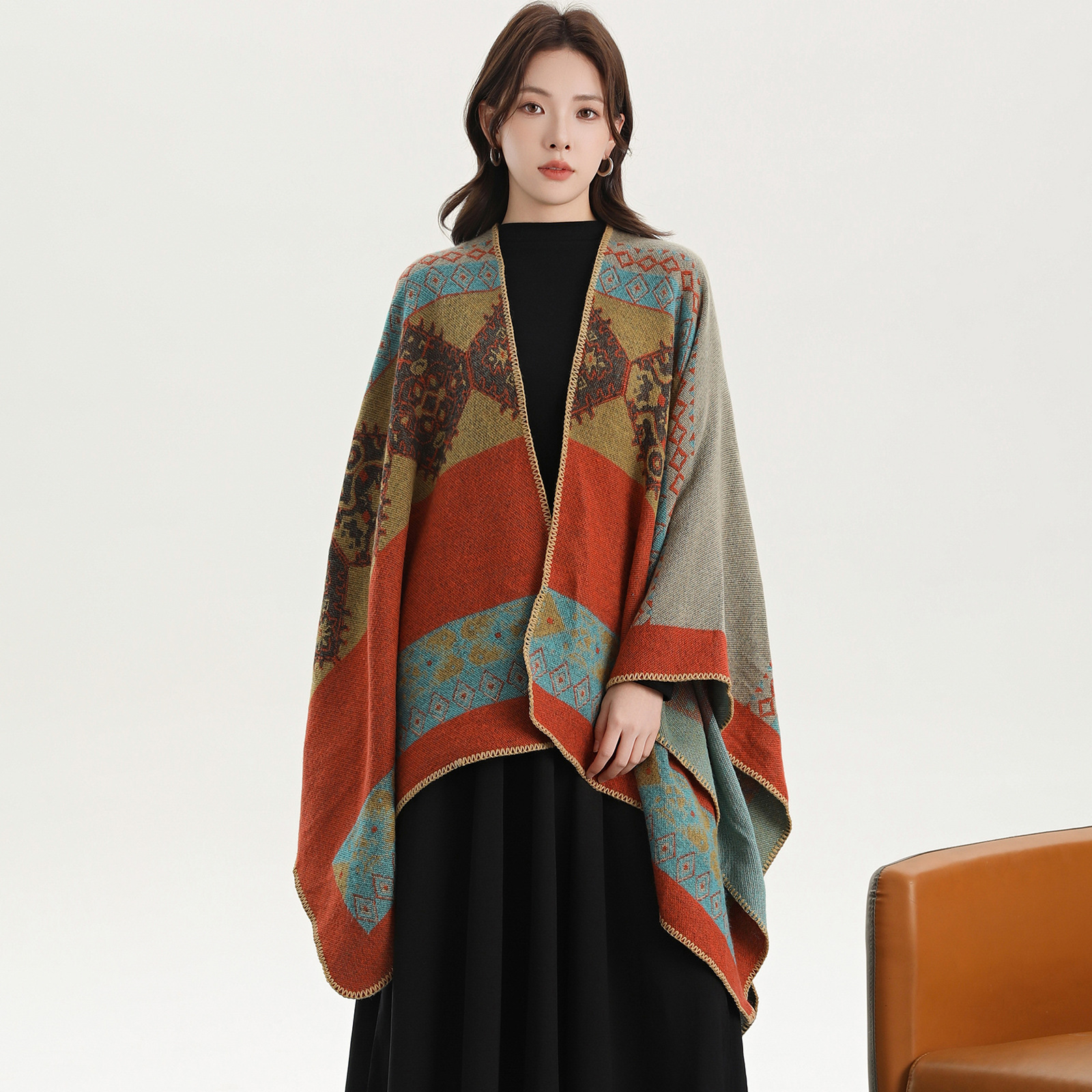 V888-ELOSUNG19668-202503111120-00 Totem Diamond Orange Elegant Autumn Winter Shawl - Artistic Split-Design Knit Cloak with Oil Painting Style - Image 1
