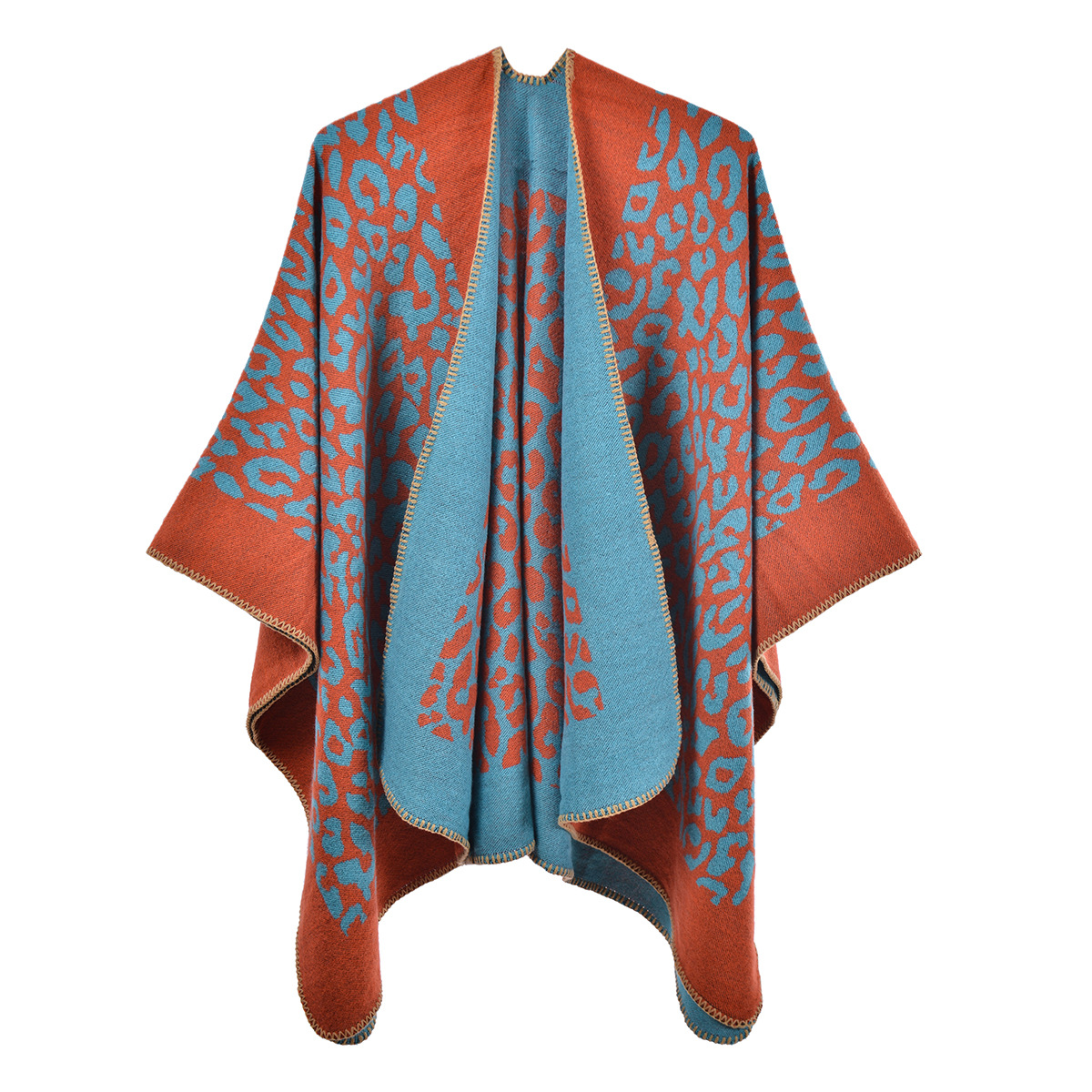 V888-ELOSUNG19685-202503111121-00 Leopard Orange Elegant Autumn Winter Shawl - Artistic Split-Design Knit Cloak with Oil Painting Style - Image 1
