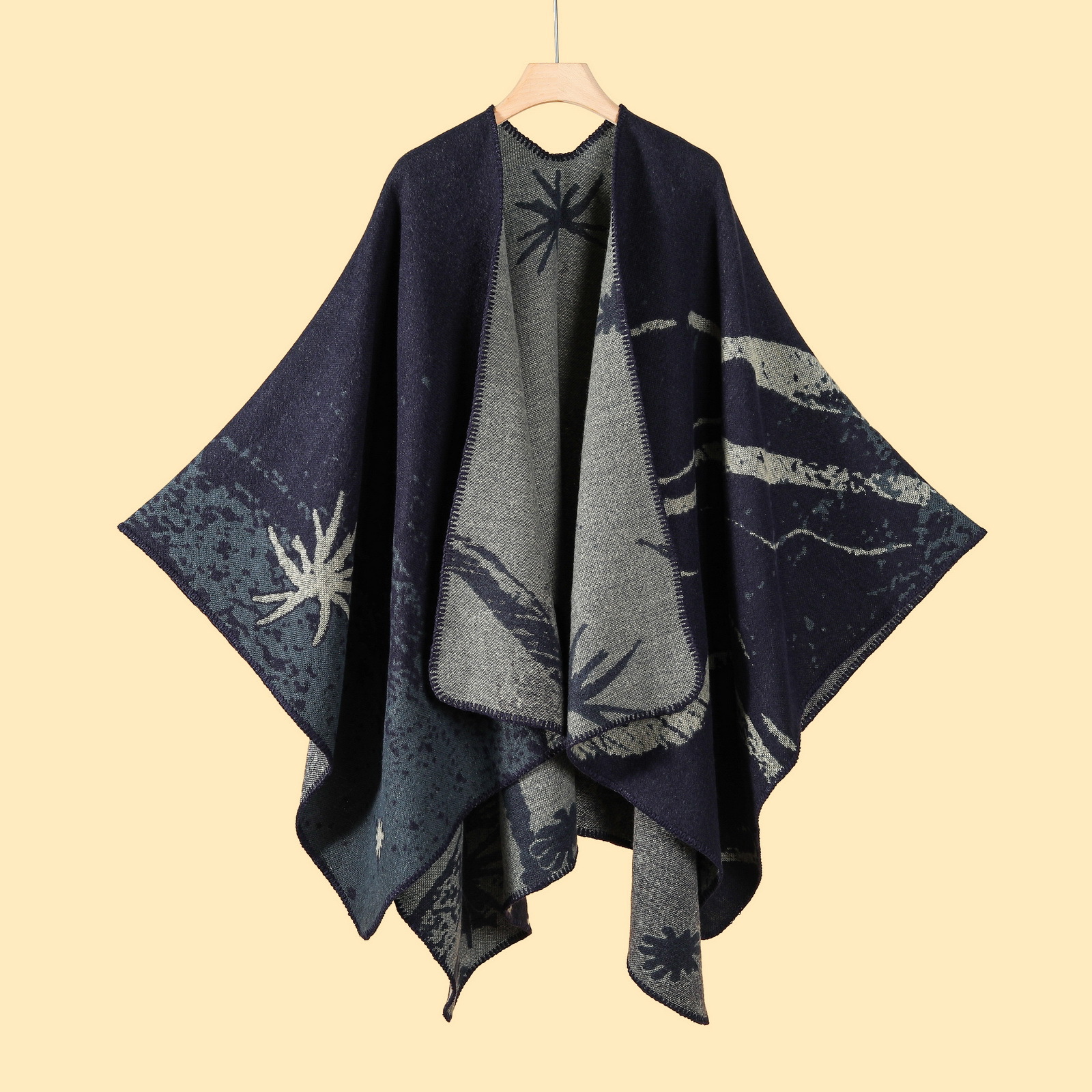V888-ELOSUNG19689-202503111125-00 Starry Starry Night Navy Elegant Autumn Winter Shawl - Artistic Split-Design Knit Cloak with Oil Painting Style - Image 1