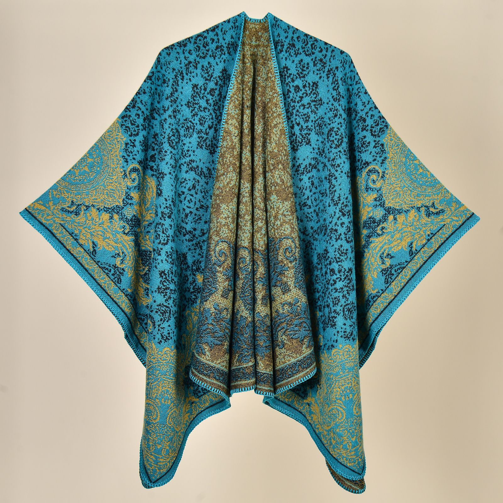 V888-ELOSUNG19692-202503111125-00 Palace Classical Lime Green Elegant Autumn Winter Shawl - Artistic Split-Design Knit Cloak with Oil Painting Style - Image 1