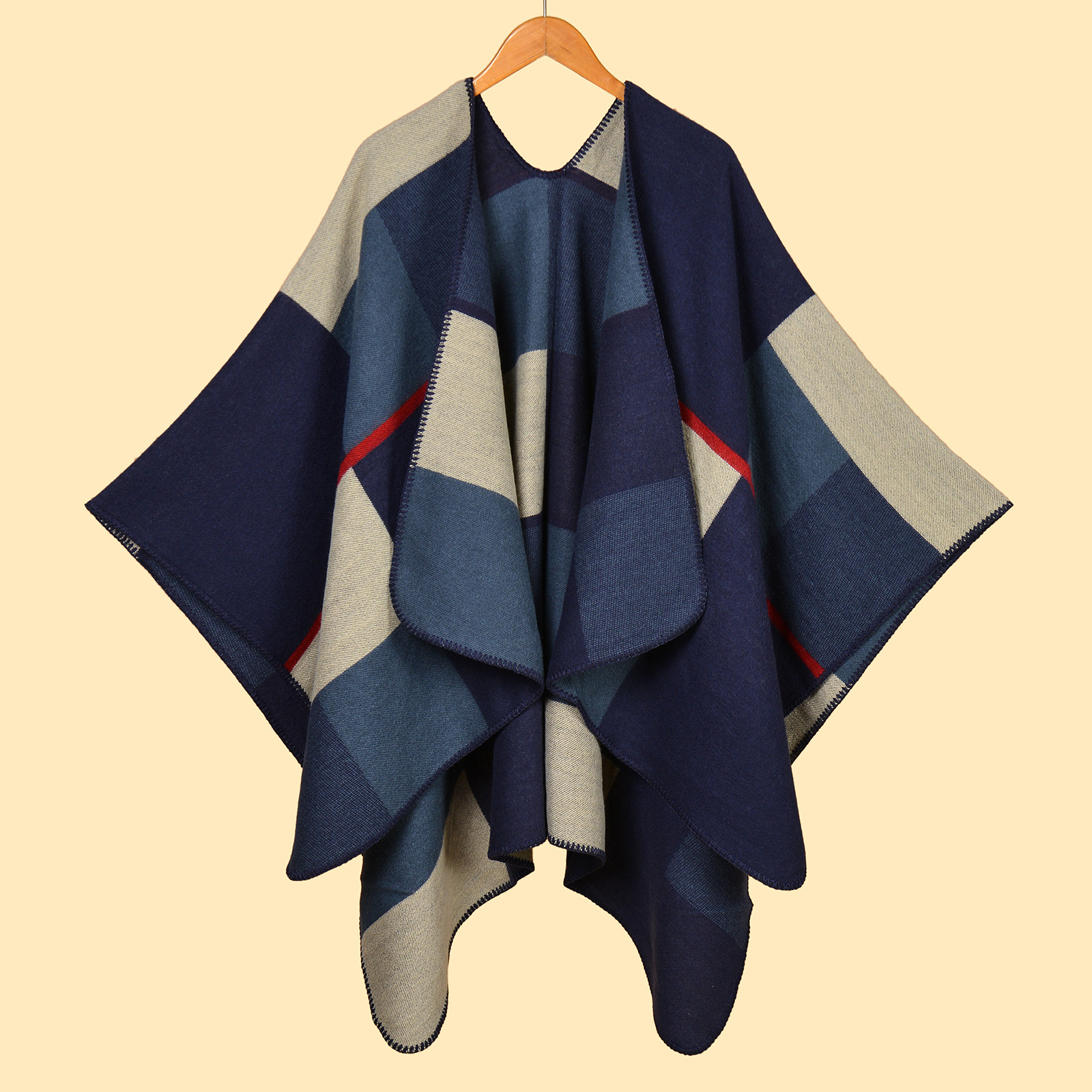 V888-ELOSUNG19694-202503111125-00 Large and Small Square Navy Blue Elegant Autumn Winter Shawl - Artistic Split-Design Knit Cloak with Oil Painting Style - Image 1