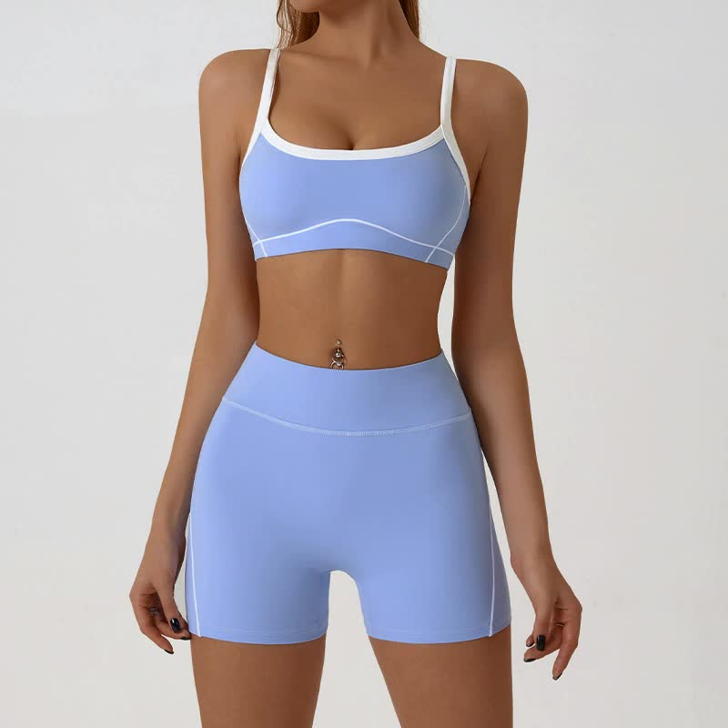 V888-ELOSUNG20075-224380-00 Blue Sporty Yoga Set with Contrast Spaghetti Straps - Slim Fit Outdoor Fitness Wear - Size S - Image 1