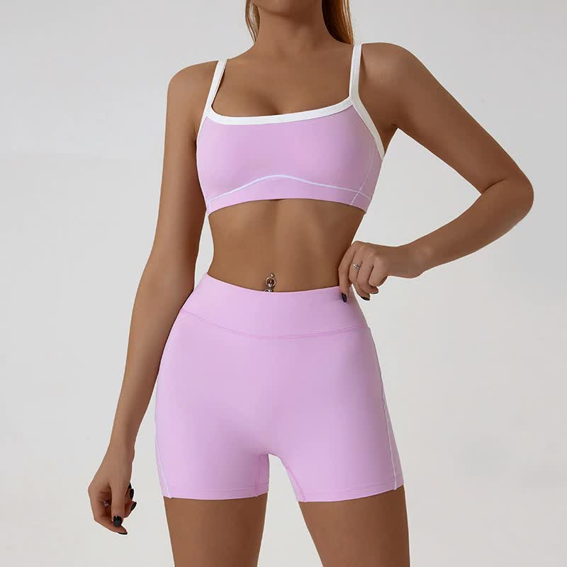 V888-ELOSUNG20082-224401-00 Pink Sporty Yoga Set with Contrast Spaghetti Straps - Slim Fit Outdoor Fitness Wear - Size XL - Image 1