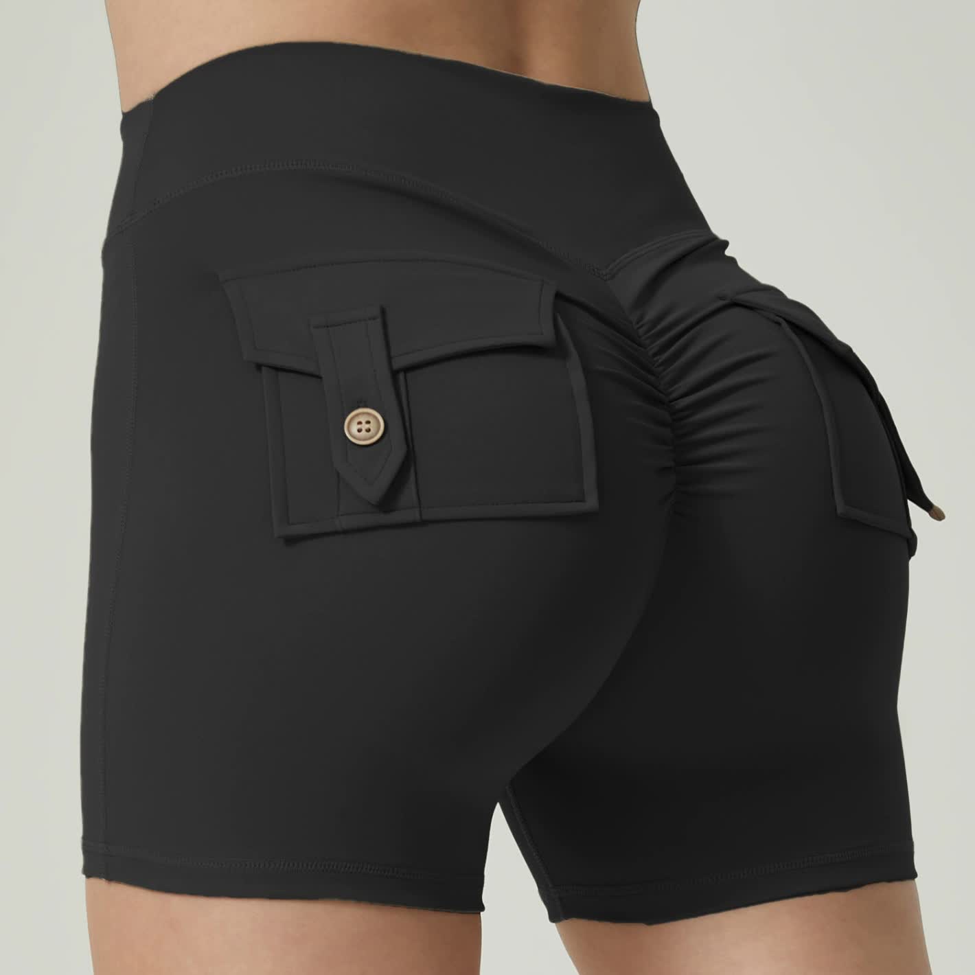 V888-ELOSUNG20241-224137-00 Black High-Waisted Yoga Shorts with Pockets for Women - Butt-Lifting, Breathable, and Comfortable Activewear L - Image 1