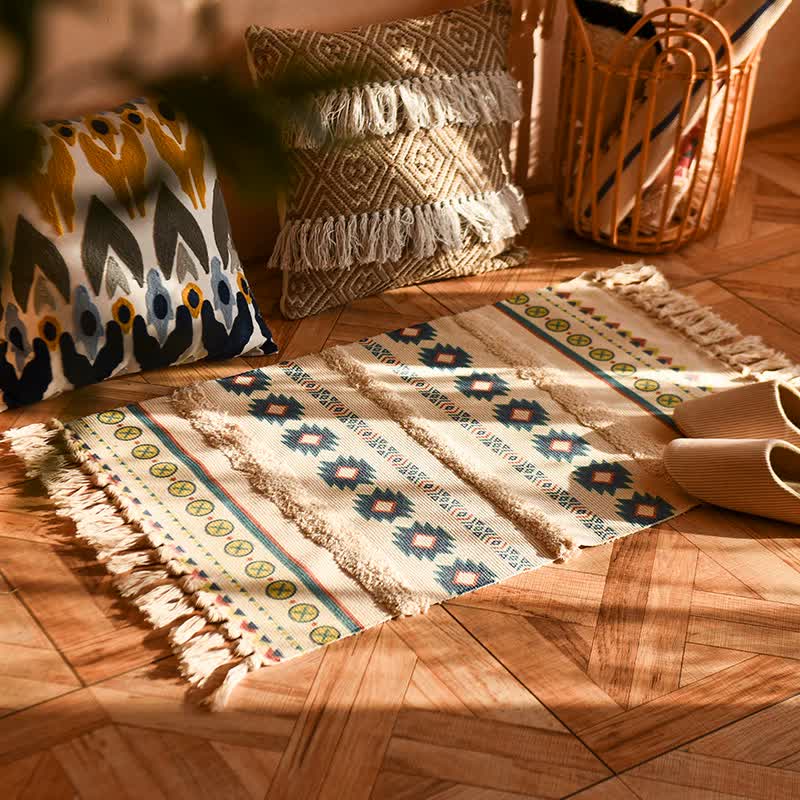 V888-ELOSUNG20330-225915-00 Handwoven Cotton Tassel Floor Rug for Bedroom or Living Room|Soft, Modern Geometric Design,60x90cm - Image 1