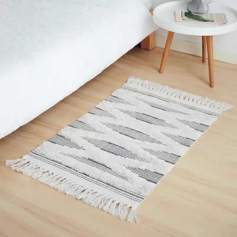 V888-ELOSUNG20341-225937-00 Handwoven Cotton Tassel Floor Rug for Bedroom or Living Room|Soft, Modern Geometric Design,60x90cm - Image 1
