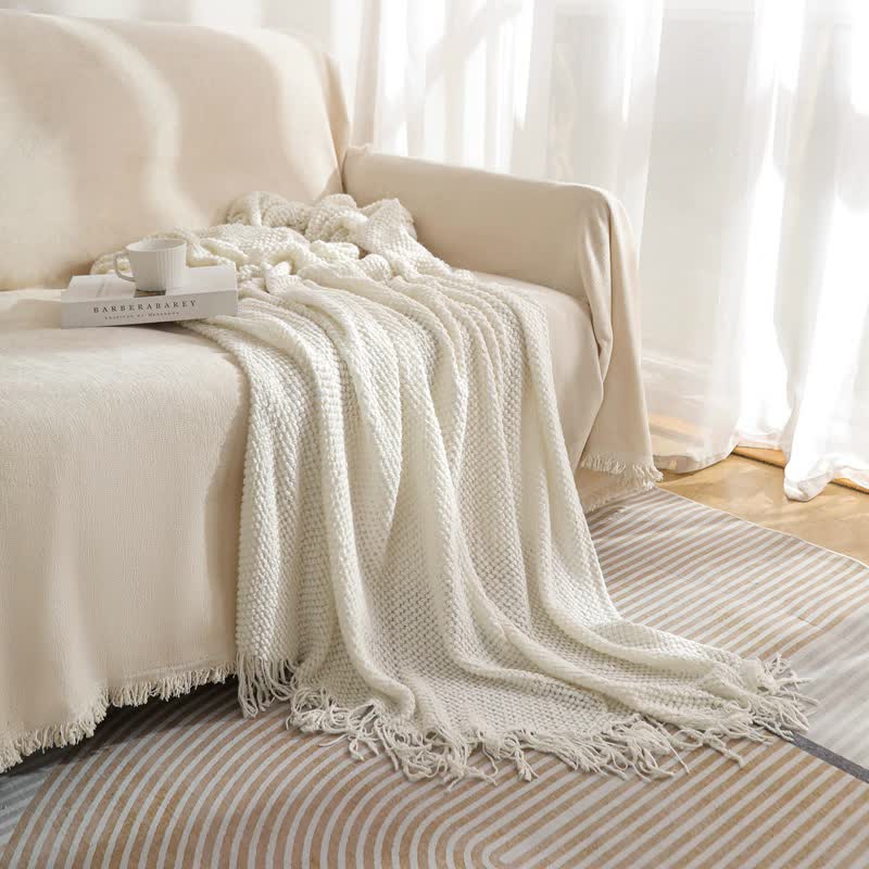 V888-ELOSUNG20358-226815-00 Beige Premium Woven Knitted Throw Blanket with Tassels | Soft, Cozy Sofa & Bed Blanket, Perfect for Office or Afternoon Naps 127x172cm - Image 1
