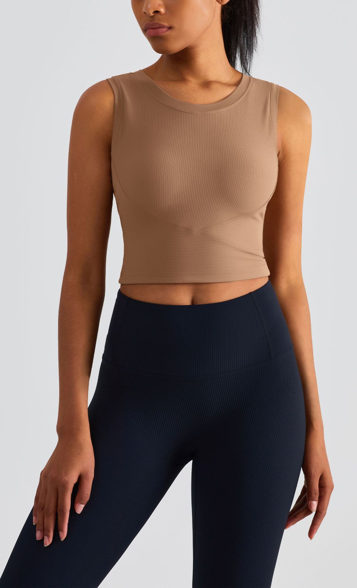 V888-ELOSUNG21046-226009-00 Size 8 Brown Fixed Cup Sports Bra with Cross-Back Design - Seamless Yoga Bra for Women - Image 1