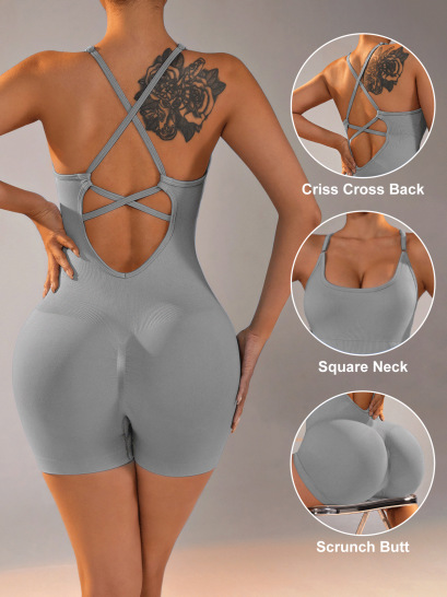 V888-ELOSUNG21293-202502241725-00 Size M Light Grey Nylon Seamless Yoga Bodysuit - Women's Athletic Romper, Crisscross Back, Workout Jumpsuit - Image 1
