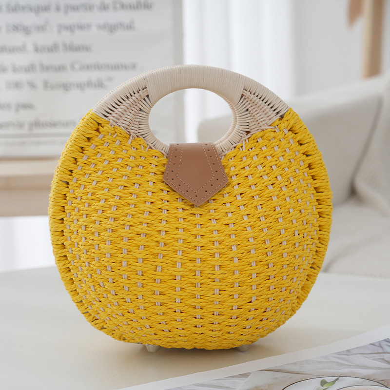 V888-ELOSUNG21376-202502261612-00 Yellow Boho Circle Straw Bag - Stylish Woven Tote with Round Handles - Image 1