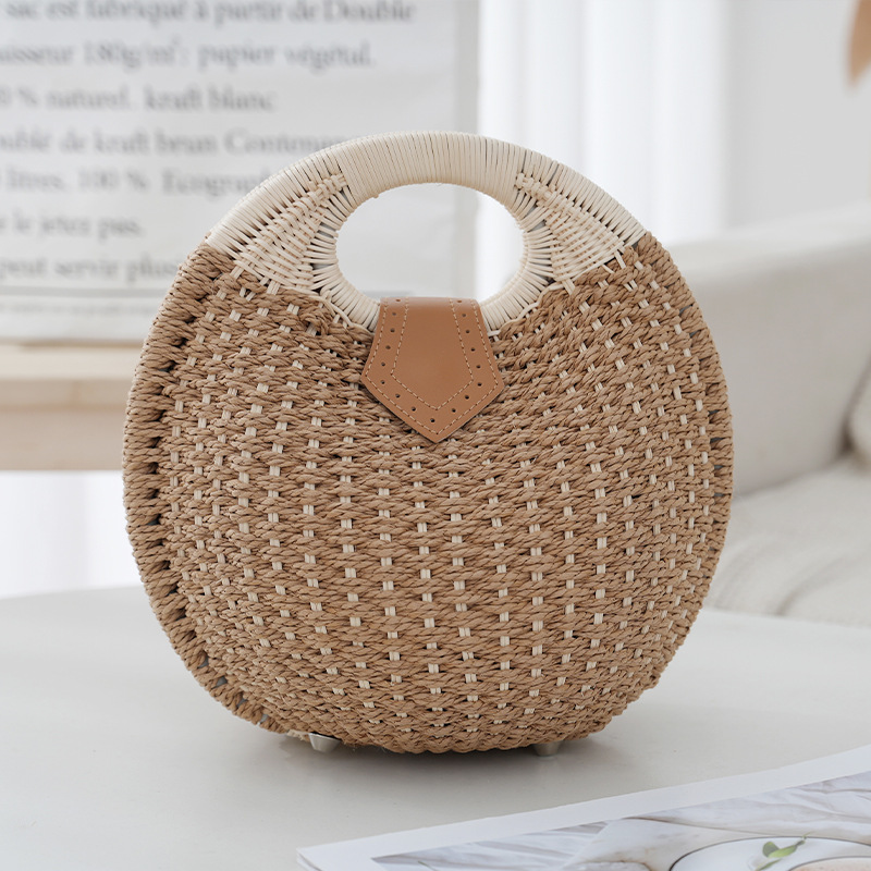 V888-ELOSUNG21378-202502261615-00 Khaki Boho Circle Straw Bag - Stylish Woven Tote with Round Handles - Image 1