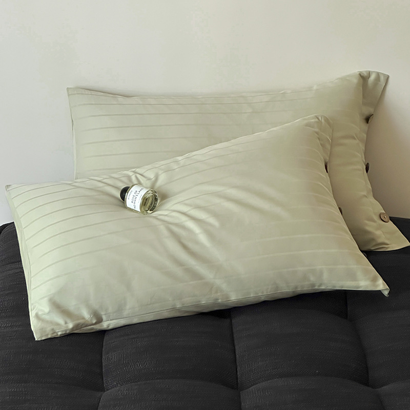 V888-ELOSUNG21453-202502281059-00 Light Green Wide Stripes Long Staple Cotton Sateen Pillowcase Set - Jacquard Striped, Pure Cotton, 48x74cm (Pair) - Image 1