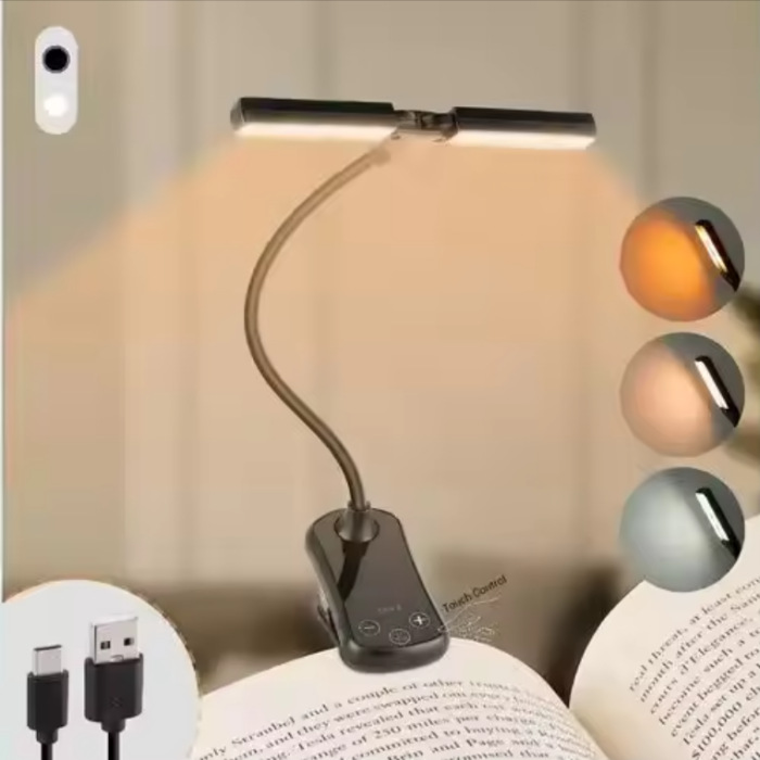 V888-ELOSUNG21723-202503111135-00 Black Rechargeable Dual-Head Clip-On Book Light - Touch Control Reading Lamp with Eye Protection - Image 1
