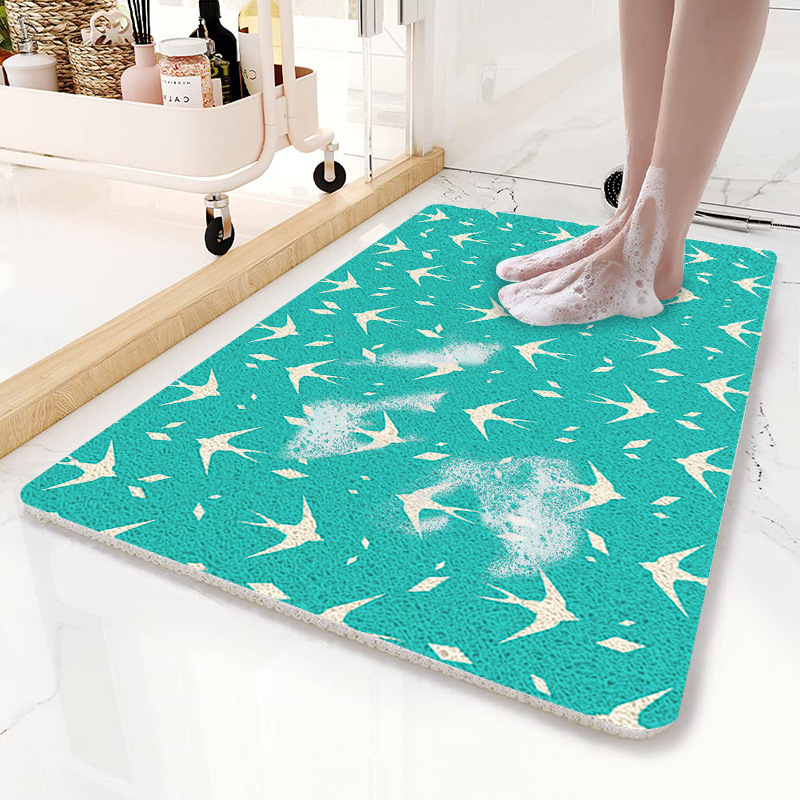 V888-ELOSUNG21800-202503121419-00 Teal Flying Bird Pattern PVC Non-Slip Bath Mat 45x75cm - Shower Drain Hole Design, Soft & Quick-Dry Bathroom Rug - Image 1