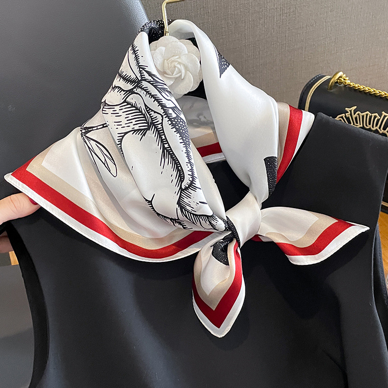 V888-ELOSUNG22478-202503251820-00 Red Edge Pure Silk Scarf - Elegant Flower Design, Square Handkerchief (Style 13) - Image 1