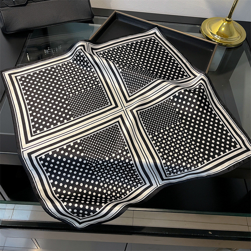 V888-ELOSUNG22603-202503282020-00 Black Polka Dots 53cm Silk Scarf - 100% Mulberry Silk, Floral Print, Women's Square Scarf Shawl (Style 5) - Image 1