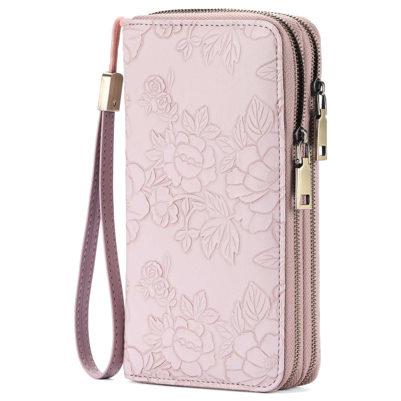 V888-ELOSUNG22642-202503282121-00 Pink Embossed Design Large Capacity Vegan Leather Wallet with Wristlet - Image 1