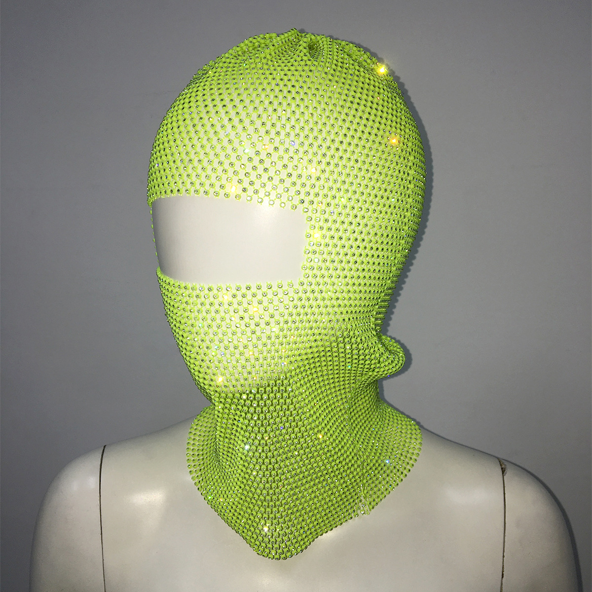 V888-ELOSUNG23002-202503180951-00 Green Glitter Rhinestone Face Balaclava - Trendy Music Festival Head Cover, 37cm - Image 1