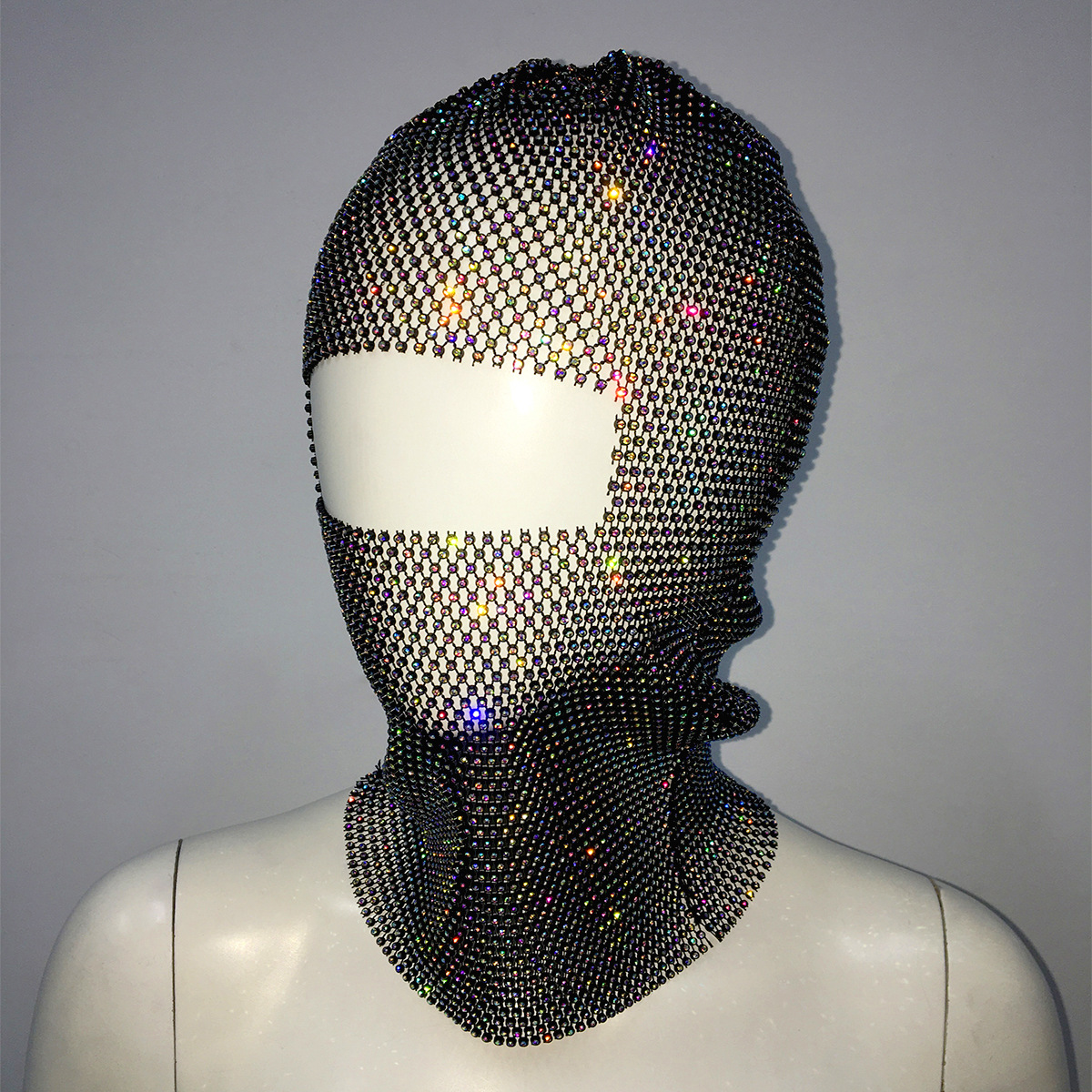 V888-ELOSUNG23005-202503180952-00 Black colored diamonds Glitter Rhinestone Face Balaclava - Trendy Music Festival Head Cover, 37cm - Image 1
