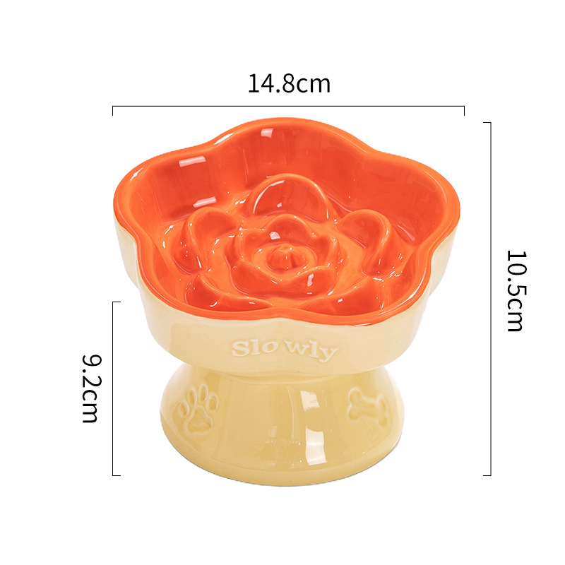 V888-ELOSUNG23766-202504141607-00 Khaki and Orange Ceramic Slow Feeder Pet Bowl for Cats and Small Dogs - Anti-Choke Elevated Design with 15-Degree Tilted Rim - Image 1