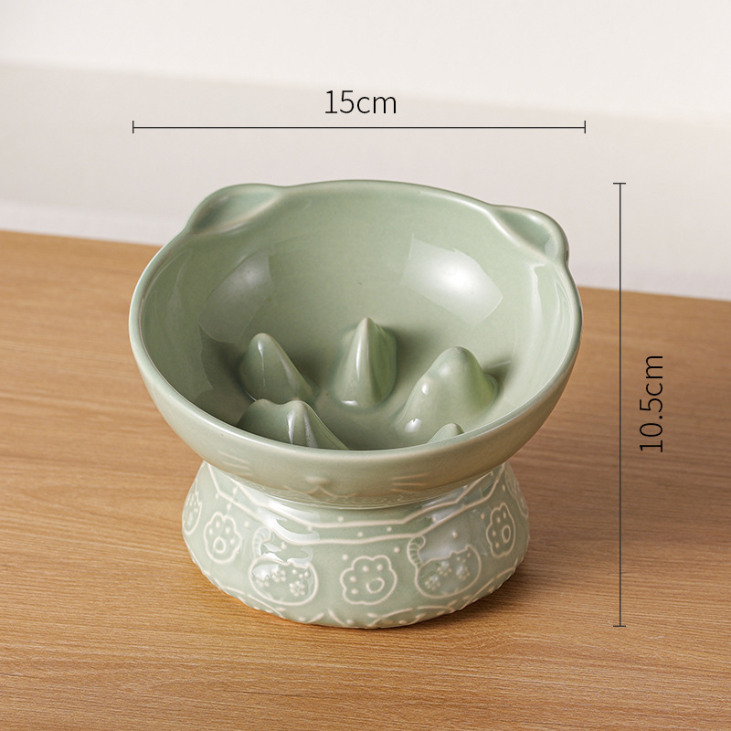 V888-ELOSUNG24207-202503251836-00 Green Vintage Slow Feeder Ceramic Pet Bowl - Anti-Choke Wide-Mouth Design for Cats & Dogs, Prevents Black Chin - Image 1