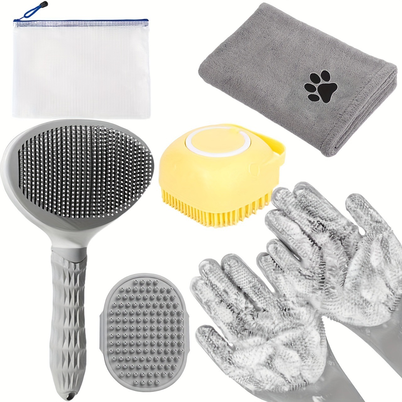 V888-ELOSUNG24980-202504221146-00 Grey 6-Piece Dog Grooming Bath Set - Absorbent Microfiber Towels & Wash Mitts for Shiny Coats - Image 1