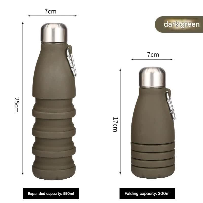 V888-ELOSUNG25456-202504281215-00 Dark green Collapsible Silicone Water Bottle - Portable Sports Hydration Flask with Carabiner, 550ml/300ml - Image 1
