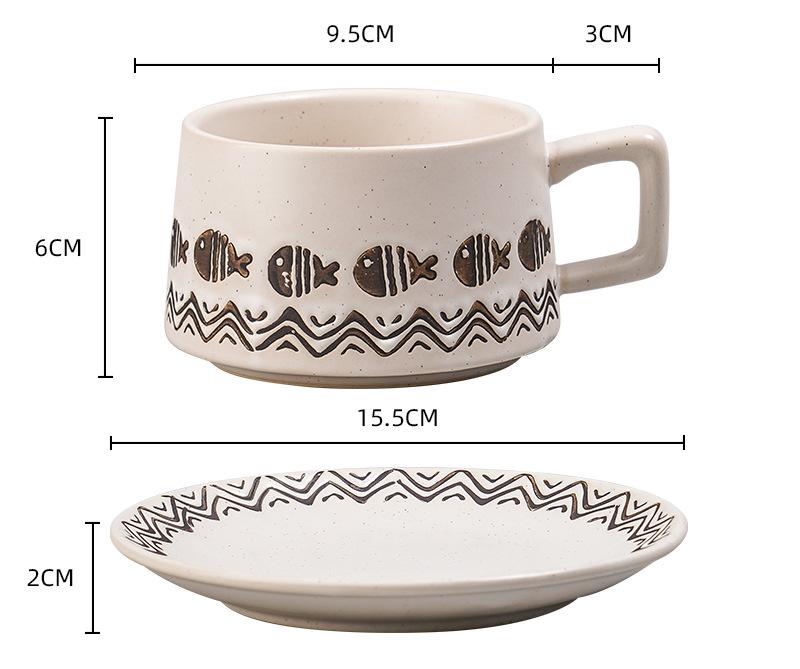 V888-ELOSUNG25528-202504281306-00 Vintage Ceramic Coffee Cup and Saucer Set - Elegant Afternoon Tea Set(Wave Fish White) - Image 1